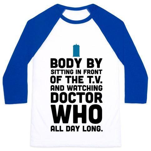 Virgin Teez  Baseball Tee Unisex Classic Baseball Tee / x-small / White/Blue BODY BY SITTING IN FRONT OF MY T.V. AND WATCHING DOCTOR WHO. UNISEX CLASSIC BASEBALL TEE