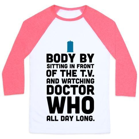 Virgin Teez  Baseball Tee Unisex Classic Baseball Tee / x-small / White/Neon Pink BODY BY SITTING IN FRONT OF MY T.V. AND WATCHING DOCTOR WHO. UNISEX CLASSIC BASEBALL TEE
