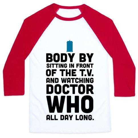 Virgin Teez  Baseball Tee Unisex Classic Baseball Tee / x-small / White/Red BODY BY SITTING IN FRONT OF MY T.V. AND WATCHING DOCTOR WHO. UNISEX CLASSIC BASEBALL TEE