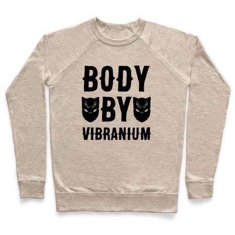 Virgin Teez  Pullover Crewneck Sweatshirt / x-small / Heathered Oatmeal BODY BY VIBRANIUM PARODY CREWNECK SWEATSHIRT