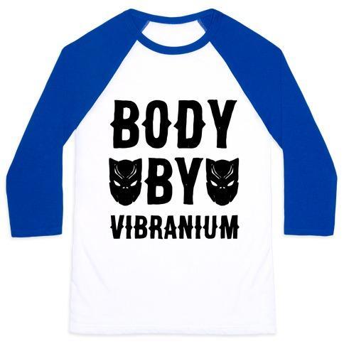 Virgin Teez  Baseball Tee Unisex Classic Baseball Tee / x-small / White/Blue BODY BY VIBRANIUM PARODY UNISEX CLASSIC BASEBALL TEE