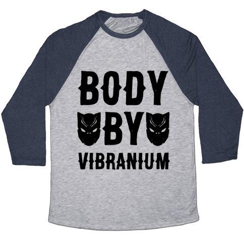 Virgin Teez  Baseball Tee Unisex Tri-Blend Baseball Tee / small / Athletic Gray / Navy BODY BY VIBRANIUM PARODY UNISEX TRI-BLEND BASEBALL TEE