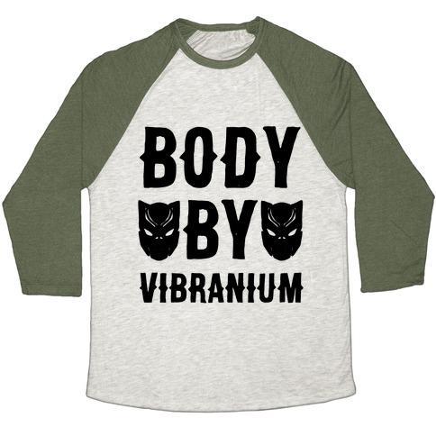 Virgin Teez  Baseball Tee Unisex Tri-Blend Baseball Tee / small / Oatmeal / Moss BODY BY VIBRANIUM PARODY UNISEX TRI-BLEND BASEBALL TEE