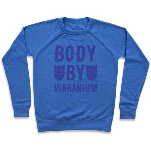 Virgin Teez  Pullover Crewneck Sweatshirt / x-small / Heathered Blue BODY BY VIBRANIUM PARODY WHITE PRINT CREWNECK SWEATSHIRT