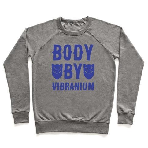 Virgin Teez  Pullover Crewneck Sweatshirt / x-small / Heathered Gray BODY BY VIBRANIUM PARODY WHITE PRINT CREWNECK SWEATSHIRT