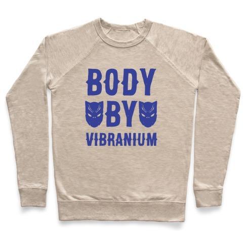 Virgin Teez  Pullover Crewneck Sweatshirt / x-small / Heathered Oatmeal BODY BY VIBRANIUM PARODY WHITE PRINT CREWNECK SWEATSHIRT