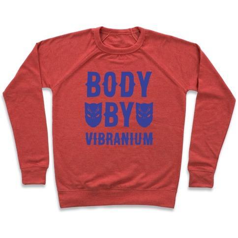 Virgin Teez  Pullover Crewneck Sweatshirt / x-small / Heathered Red BODY BY VIBRANIUM PARODY WHITE PRINT CREWNECK SWEATSHIRT