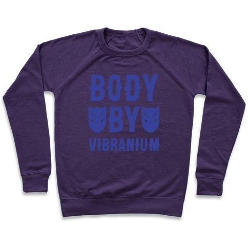 Virgin Teez  Pullover Crewneck Sweatshirt / x-small / Purple BODY BY VIBRANIUM PARODY WHITE PRINT CREWNECK SWEATSHIRT