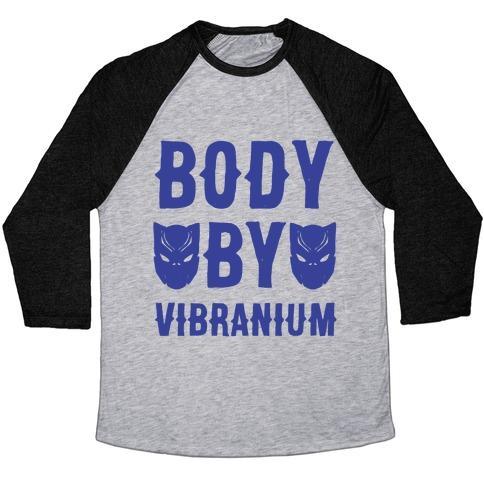 Virgin Teez  Baseball Tee Unisex Tri-Blend Baseball Tee / small / Athletic Gray / Black BODY BY VIBRANIUM PARODY WHITE PRINT UNISEX TRI-BLEND BASEBALL TEE