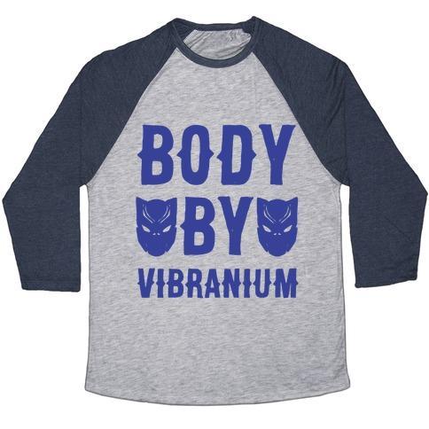 Virgin Teez  Baseball Tee Unisex Tri-Blend Baseball Tee / small / Athletic Gray / Navy BODY BY VIBRANIUM PARODY WHITE PRINT UNISEX TRI-BLEND BASEBALL TEE