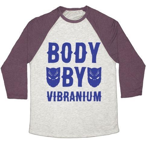 Virgin Teez  Baseball Tee Unisex Tri-Blend Baseball Tee / small / Oatmeal / Maroon BODY BY VIBRANIUM PARODY WHITE PRINT UNISEX TRI-BLEND BASEBALL TEE