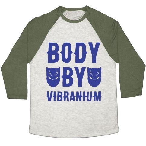 Virgin Teez  Baseball Tee Unisex Tri-Blend Baseball Tee / small / Oatmeal / Moss BODY BY VIBRANIUM PARODY WHITE PRINT UNISEX TRI-BLEND BASEBALL TEE
