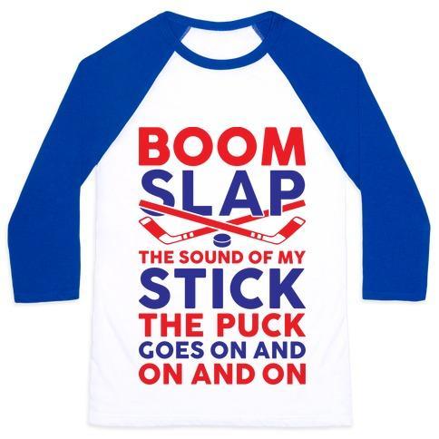 Virgin Teez  Baseball Tee Unisex Classic Baseball Tee / x-small / White/Blue BOOM SLAP THE SOUND OF MY STICK UNISEX CLASSIC BASEBALL TEE