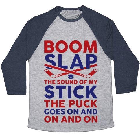 Virgin Teez  Baseball Tee Unisex Tri-Blend Baseball Tee / small / Athletic Gray / Navy BOOM SLAP THE SOUND OF MY STICK UNISEX TRI-BLEND BASEBALL TEE