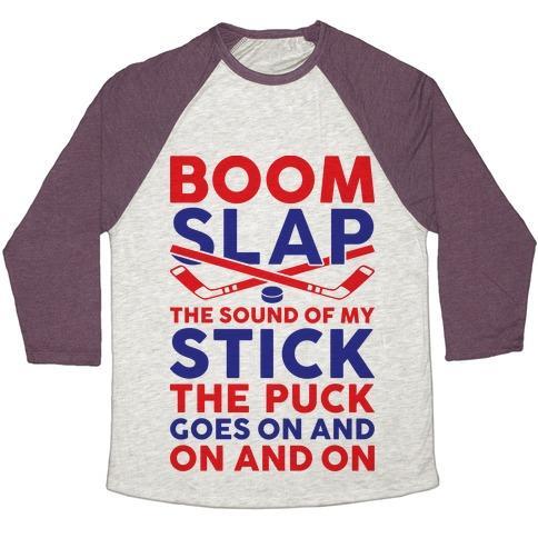 Virgin Teez  Baseball Tee Unisex Tri-Blend Baseball Tee / small / Oatmeal / Maroon BOOM SLAP THE SOUND OF MY STICK UNISEX TRI-BLEND BASEBALL TEE