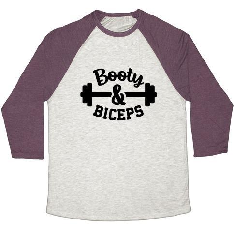 Virgin Teez  Baseball Tee Unisex Tri-Blend Baseball Tee / small / Oatmeal / Maroon BOOTY AND BICEPS UNISEX TRI-BLEND BASEBALL TEE