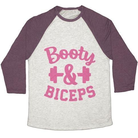 Virgin Teez  Baseball Tee Unisex Tri-Blend Baseball Tee / small / Oatmeal / Maroon BOOTY & BICEPS UNISEX TRI-BLEND BASEBALL TEE