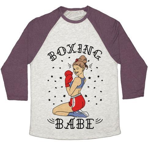 Virgin Teez  Baseball Tee Unisex Tri-Blend Baseball Tee / small / Oatmeal / Maroon BOXING BABE UNISEX TRI-BLEND BASEBALL TEE