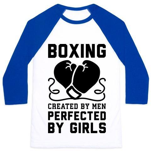 Virgin Teez  Baseball Tee Unisex Classic Baseball Tee / x-small / White/Blue BOXING CREATED BY MEN PERFECTED BY GIRLS UNISEX CLASSIC BASEBALL TEE
