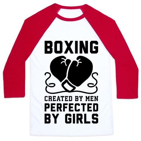 Virgin Teez  Baseball Tee Unisex Classic Baseball Tee / x-small / White/Red BOXING CREATED BY MEN PERFECTED BY GIRLS UNISEX CLASSIC BASEBALL TEE