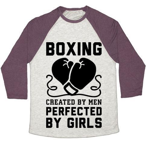 Virgin Teez  Baseball Tee Unisex Tri-Blend Baseball Tee / small / Oatmeal / Maroon BOXING CREATED BY MEN PERFECTED BY GIRLS UNISEX TRI-BLEND BASEBALL TEE