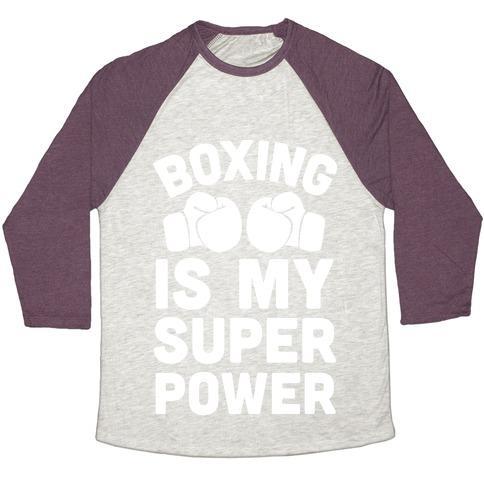 Virgin Teez  Baseball Tee Unisex Tri-Blend Baseball Tee / small / Oatmeal / Maroon BOXING IS MY SUPEROWER UNISEX TRI-BLEND BASEBALL TEE
