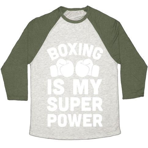 Virgin Teez  Baseball Tee Unisex Tri-Blend Baseball Tee / small / Oatmeal / Moss BOXING IS MY SUPEROWER UNISEX TRI-BLEND BASEBALL TEE