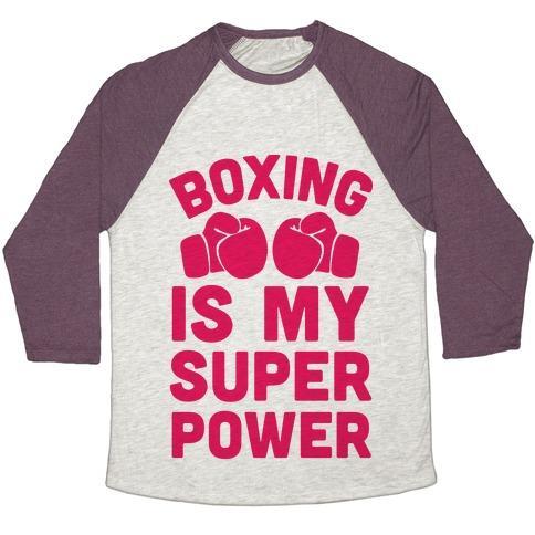 Virgin Teez  Baseball Tee Unisex Tri-Blend Baseball Tee / small / Oatmeal / Maroon BOXING IS MY SUPERPOWER UNISEX TRI-BLEND BASEBALL TEE