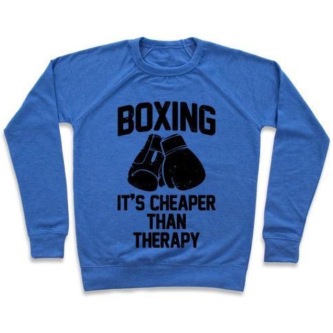 Virgin Teez  Pullover Crewneck Sweatshirt / x-small / Heathered Blue BOXING IT'S CHEAPER THAN THERAPY CREWNECK SWEATSHIRT
