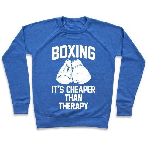 Virgin Teez  Pullover Crewneck Sweatshirt / x-small / Heathered Blue BOXING IT'S CHEAPER THAN THERAPY CREWNECK SWEATSHIRT