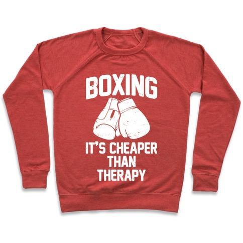 Virgin Teez  Pullover Crewneck Sweatshirt / x-small / Heathered Red BOXING IT'S CHEAPER THAN THERAPY CREWNECK SWEATSHIRT