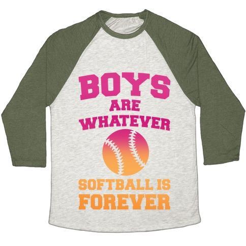 Virgin Teez  Baseball Tee Unisex Tri-Blend Baseball Tee / small / Oatmeal / Moss BOYS ARE WHATEVER SOFTBALL IS FOREVER UNISEX TRI-BLEND BASEBALL TEE