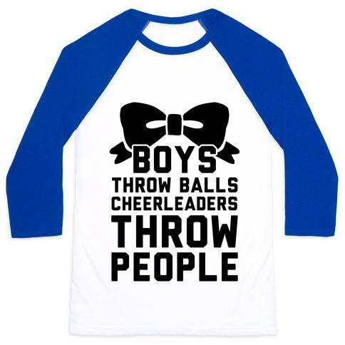 Virgin Teez  Baseball Tee Unisex Classic Baseball Tee / x-small / White/Blue BOYS THROW BALLS CHEERLEADERS THROW PEOPLE UNISEX CLASSIC BASEBALL TEE