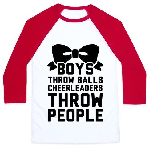 Virgin Teez  Baseball Tee Unisex Classic Baseball Tee / x-small / White/Red BOYS THROW BALLS CHEERLEADERS THROW PEOPLE UNISEX CLASSIC BASEBALL TEE