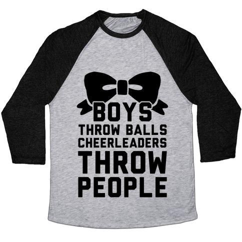 Virgin Teez  Baseball Tee Unisex Tri-Blend Baseball Tee / small / Athletic Gray / Black BOYS THROW BALLS CHEERLEADERS THROW PEOPLE UNISEX TRI-BLEND BASEBALL TEE