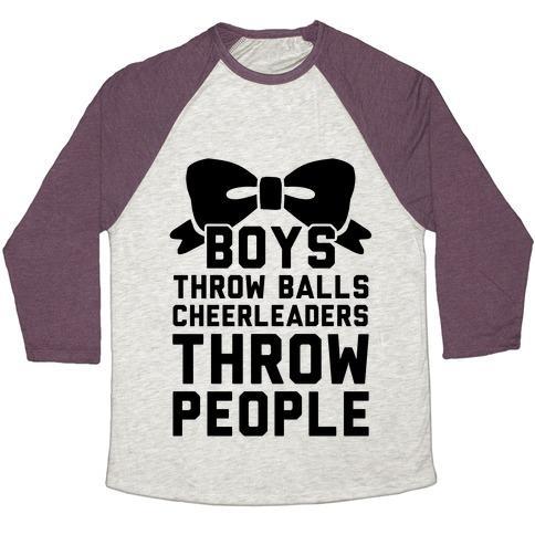 Virgin Teez  Baseball Tee Unisex Tri-Blend Baseball Tee / small / Oatmeal / Maroon BOYS THROW BALLS CHEERLEADERS THROW PEOPLE UNISEX TRI-BLEND BASEBALL TEE