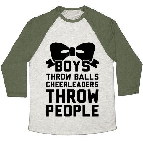 Virgin Teez  Baseball Tee Unisex Tri-Blend Baseball Tee / small / Oatmeal / Moss BOYS THROW BALLS CHEERLEADERS THROW PEOPLE UNISEX TRI-BLEND BASEBALL TEE