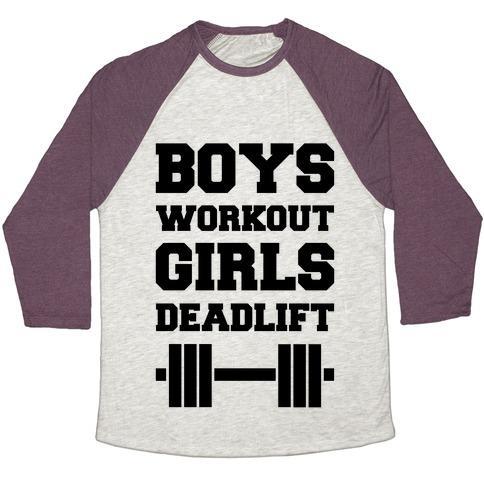 Virgin Teez  Baseball Tee Unisex Tri-Blend Baseball Tee / small / Oatmeal / Maroon BOYS WORKOUT GIRLS DEADLIFT UNISEX TRI-BLEND BASEBALL TEE