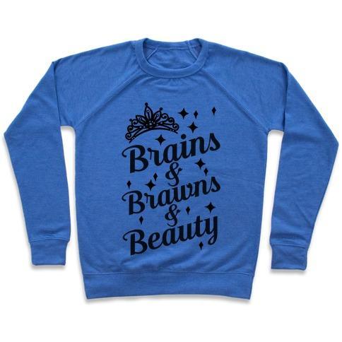 Virgin Teez  Pullover Crewneck Sweatshirt / x-small / Heathered Blue BRAINS & BRAWNS & BEAUTY CREWNECK SWEATSHIRT