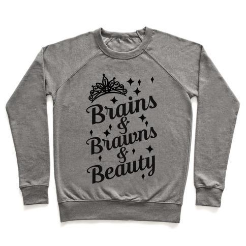 Virgin Teez  Pullover Crewneck Sweatshirt / x-small / Heathered Gray BRAINS & BRAWNS & BEAUTY CREWNECK SWEATSHIRT