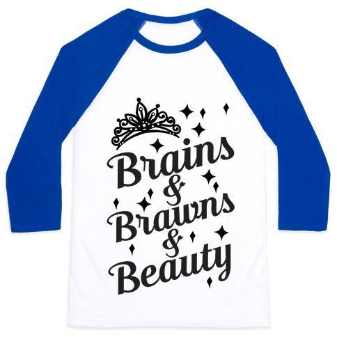 Virgin Teez  Baseball Tee Unisex Classic Baseball Tee / x-small / White/Blue BRAINS & BRAWNS & BEAUTY UNISEX CLASSIC BASEBALL TEE