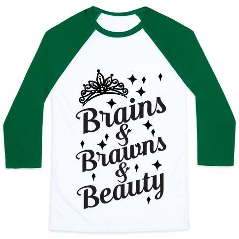 Virgin Teez  Baseball Tee Unisex Classic Baseball Tee / x-small / White/Dark Green BRAINS & BRAWNS & BEAUTY UNISEX CLASSIC BASEBALL TEE