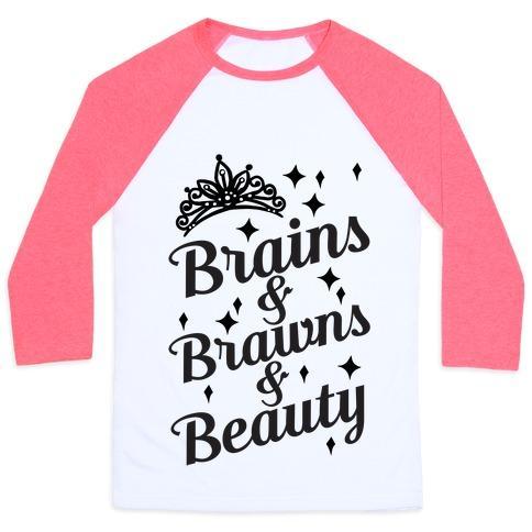 Virgin Teez  Baseball Tee Unisex Classic Baseball Tee / x-small / White/Neon Pink BRAINS & BRAWNS & BEAUTY UNISEX CLASSIC BASEBALL TEE