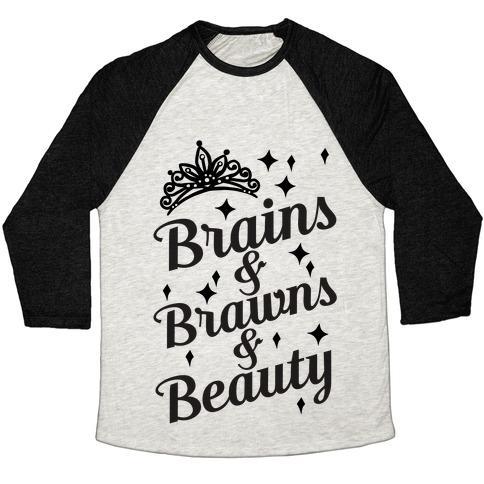 Virgin Teez  Baseball Tee Unisex Tri-Blend Baseball Tee / small / Oatmeal / Black BRAINS & BRAWNS & BEAUTY UNISEX TRI-BLEND BASEBALL TEE