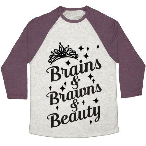 Virgin Teez  Baseball Tee Unisex Tri-Blend Baseball Tee / small / Oatmeal / Maroon BRAINS & BRAWNS & BEAUTY UNISEX TRI-BLEND BASEBALL TEE