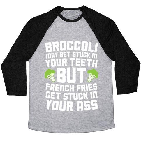 Virgin Teez  Baseball Tee Unisex Tri-Blend Baseball Tee / small / Athletic Gray / Black BROCCOLI MAY GET STUCK IN YOUR TEETH UNISEX TRI-BLEND BASEBALL TEE