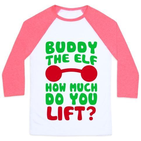Virgin Teez  Baseball Tee Unisex Classic Baseball Tee / x-small / White/Neon Pink BUDDY THE ELF, HOW MUCH DO YOU LIFT? UNISEX CLASSIC BASEBALL TEE
