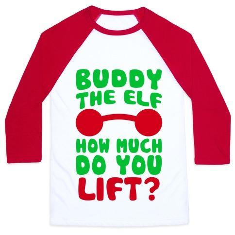 Virgin Teez  Baseball Tee Unisex Classic Baseball Tee / x-small / White/Red BUDDY THE ELF, HOW MUCH DO YOU LIFT? UNISEX CLASSIC BASEBALL TEE