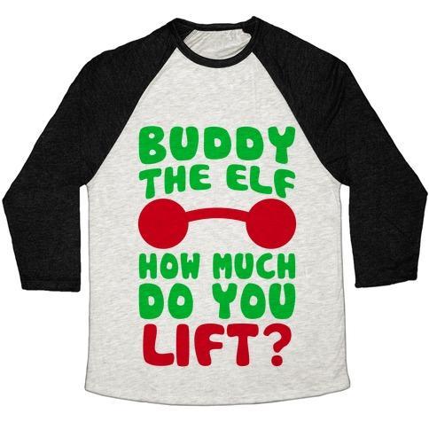 Virgin Teez  Baseball Tee Unisex Tri-Blend Baseball Tee / small / Oatmeal / Black BUDDY THE ELF, HOW MUCH DO YOU LIFT? UNISEX TRI-BLEND BASEBALL TEE