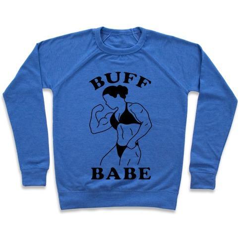 Virgin Teez  Pullover Crewneck Sweatshirt / x-small / Heathered Blue BUFF BABE CREWNECK SWEATSHIRT